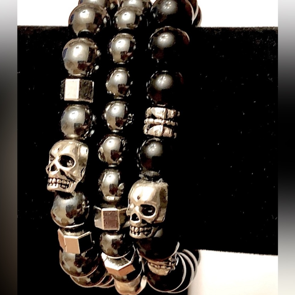 Goth Hematite & skull  set of 3 Bracelets Men Jewelry
